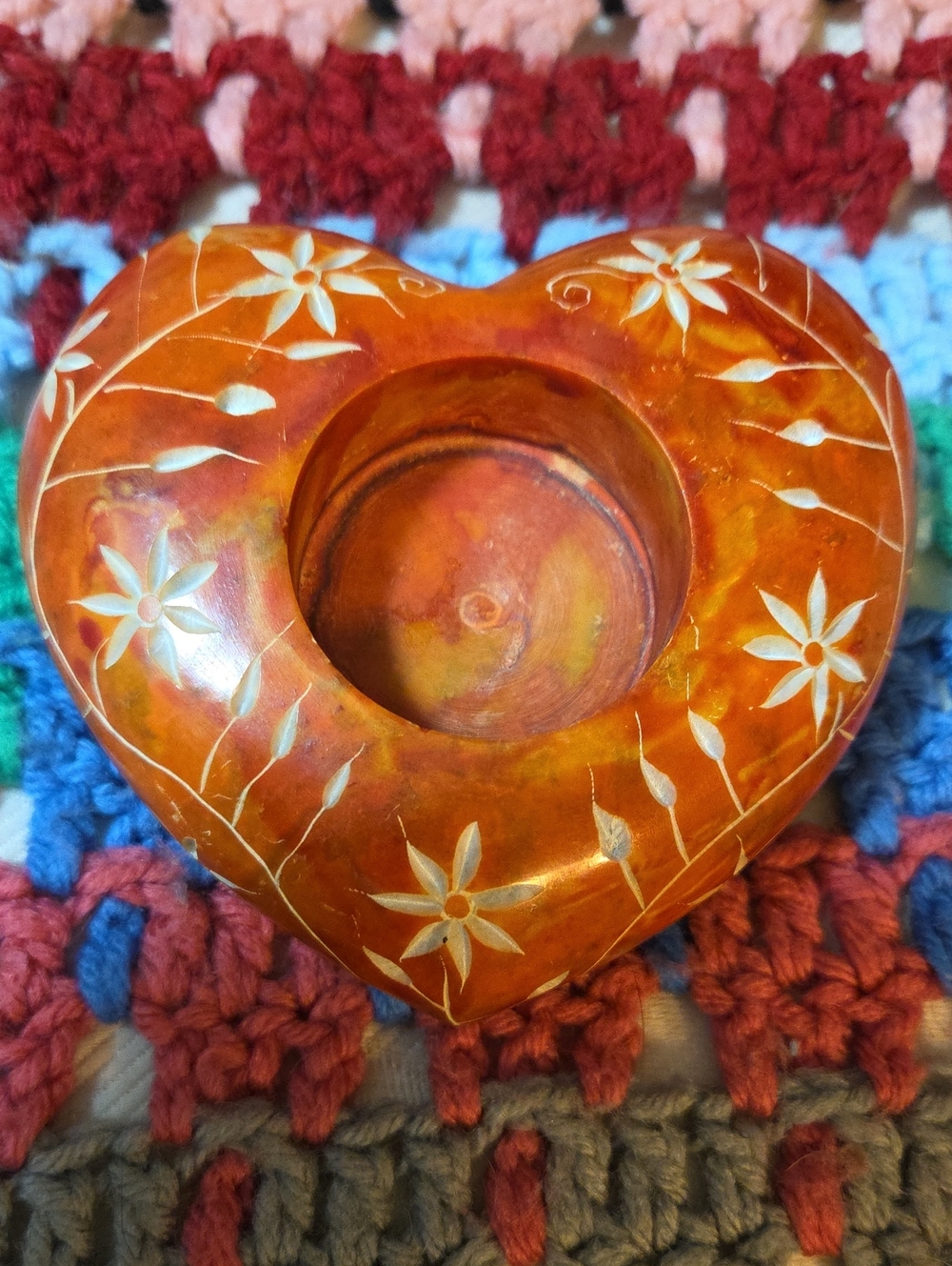 Handcarved Floral Motif Orange-Red Soapstone Heart Tea Light Holder.